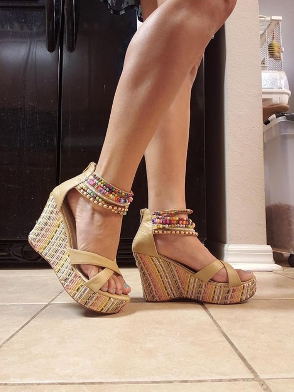 NWT Luxury Boho Beaded Wedge Sandals Colorful Platform Woven Summer Heels